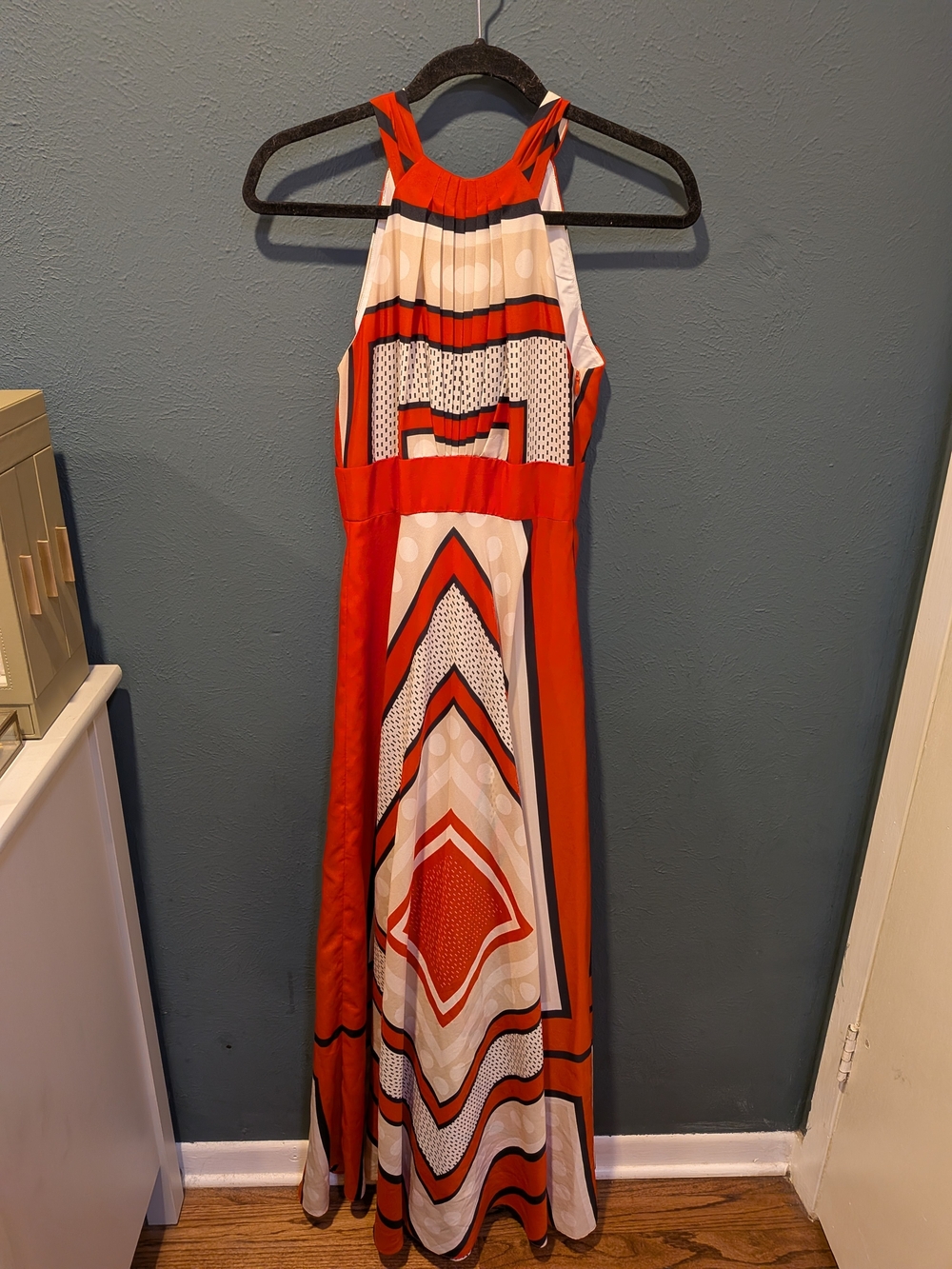 Eliza J Orange and Cream Geometric Halter Maxi Dress